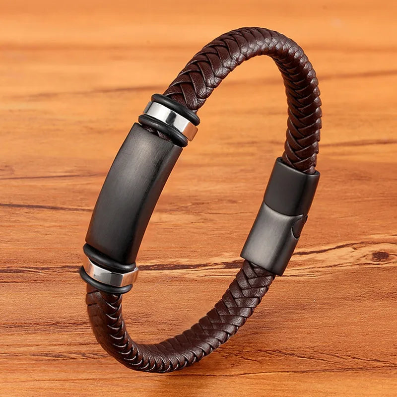 Pulseira Masculina TYO Couro Trançado com Fecho Magnético