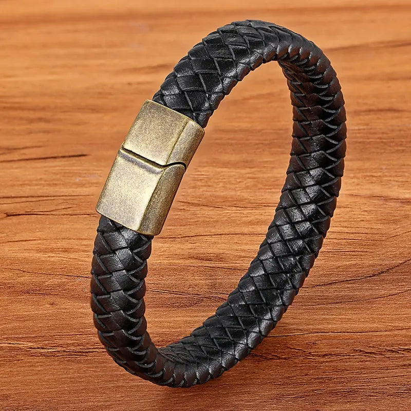 Pulseira Masculina TYO Couro Trançado com Fecho Magnético