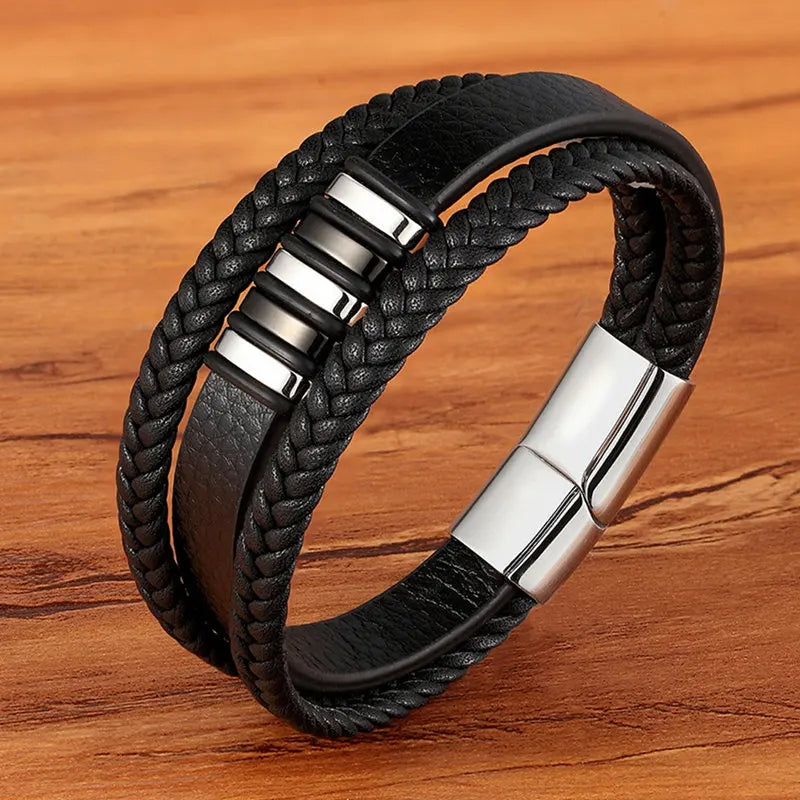 Pulseira Masculina TYO Couro Trançado com Fecho Magnético