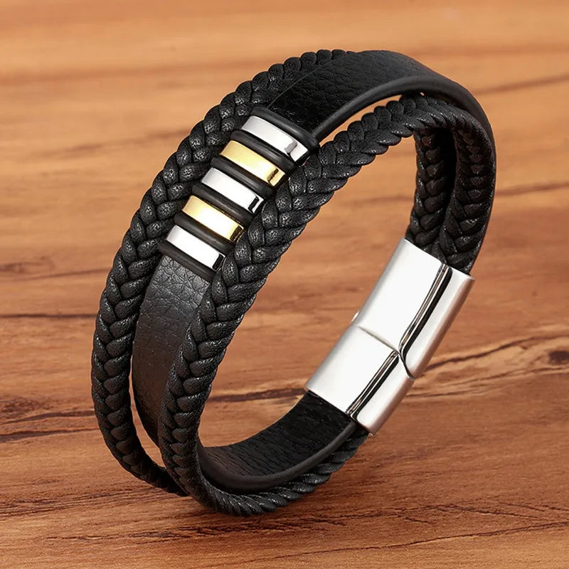 Pulseira Masculina TYO Couro Trançado com Fecho Magnético