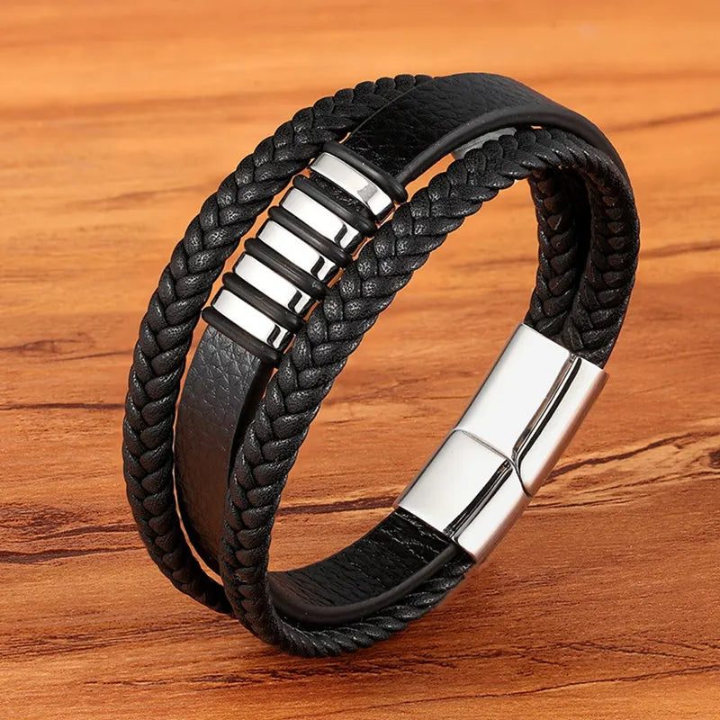 Pulseira Masculina TYO Couro Trançado com Fecho Magnético