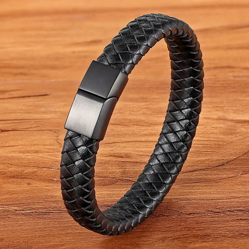 Pulseira Masculina TYO Couro Trançado com Fecho Magnético