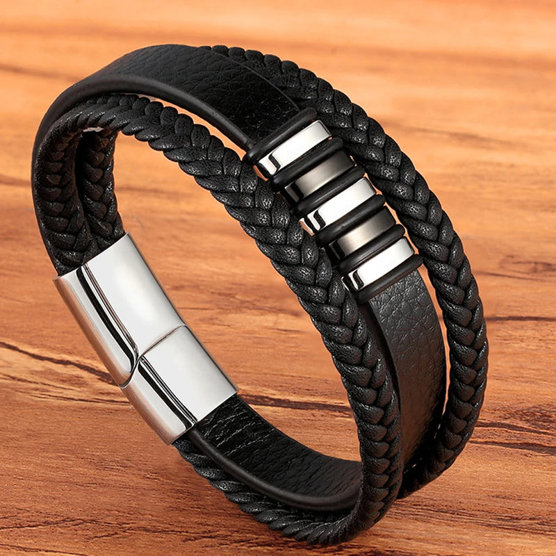 Pulseira Masculina TYO Couro Trançado com Fecho Magnético