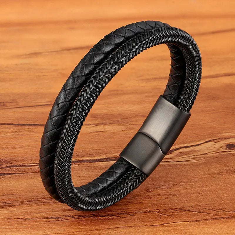 Pulseira Masculina TYO Couro Trançado com Fecho Magnético