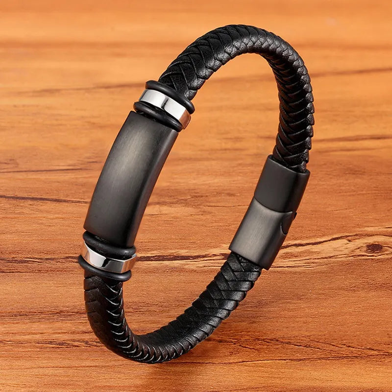 Pulseira Masculina TYO Couro Trançado com Fecho Magnético