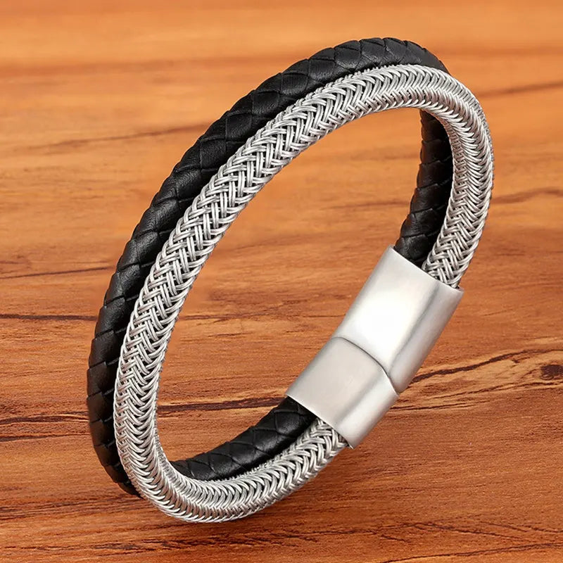 Pulseira Masculina TYO Couro Trançado com Fecho Magnético