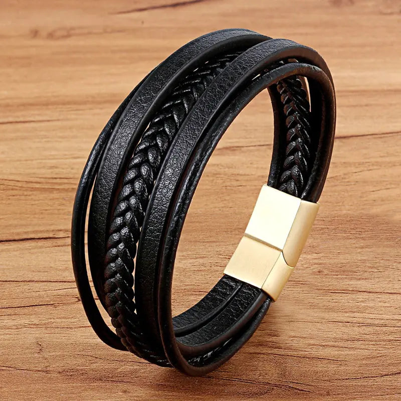Pulseira Masculina TYO Couro Trançado com Fecho Magnético