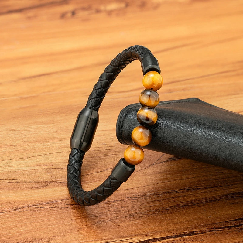 Pulseira Masculina XQNI Couro e Contas – Design Vintage