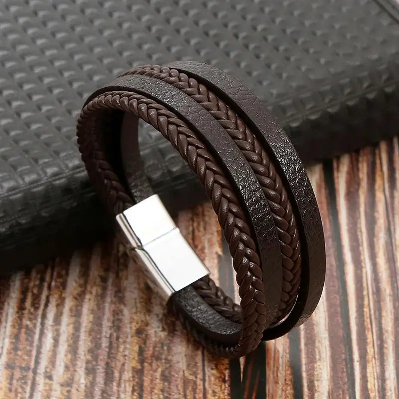 Pulseira Masculina de Couro Trançado com Pedras Olho de Tigre