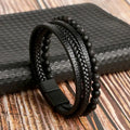 Pulseira Masculina de Couro Trançado com Pedras Olho de Tigre
