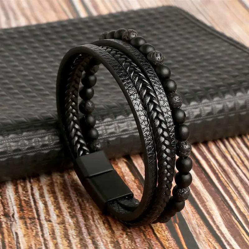 Pulseira Masculina de Couro Trançado com Pedras Olho de Tigre