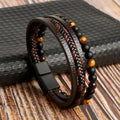Pulseira Masculina de Couro Trançado com Pedras Olho de Tigre