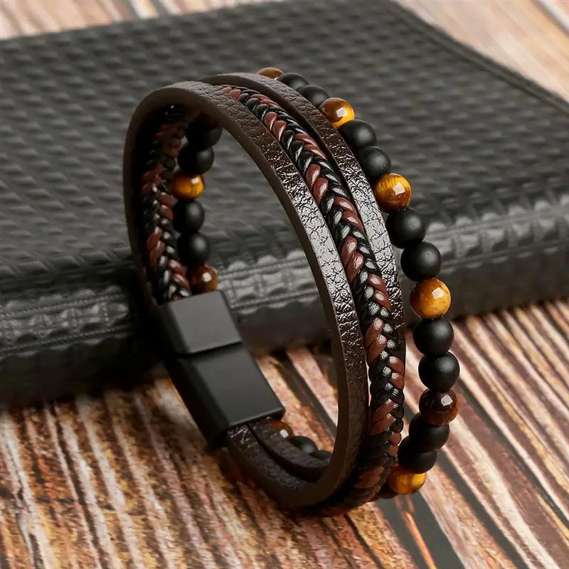 Pulseira Masculina de Couro Trançado com Pedras Olho de Tigre