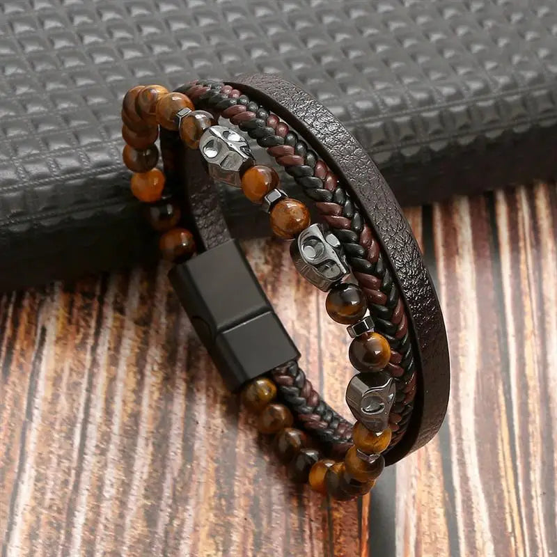 Pulseira Masculina de Couro Trançado com Pedras Olho de Tigre