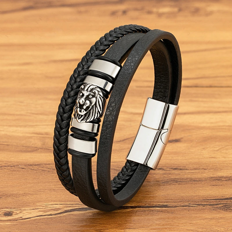 Pulseira Masculina XQNI Couro com Pingente Leão