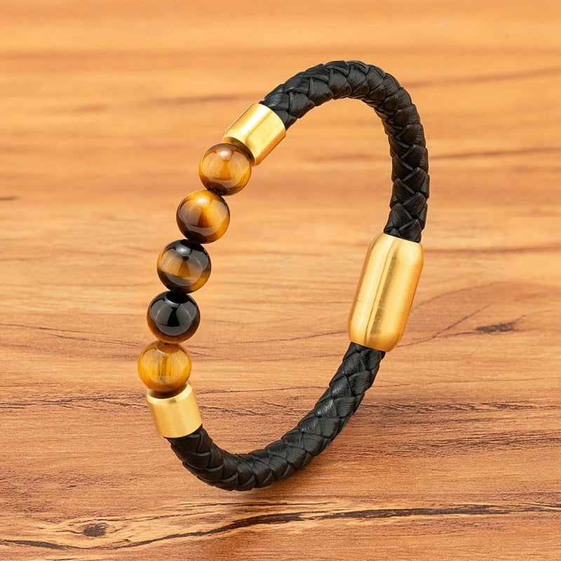 Pulseira Masculina XQNI Couro e Contas – Design Vintage