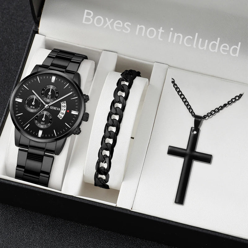 Kit Masculino Quartz – Relógio + Colar + Pulseira Estilo Casual