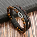 Pulseira Masculina de Couro Trançado com Pedras Olho de Tigre