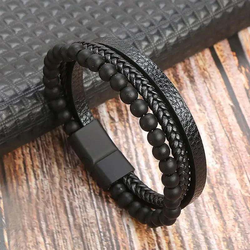 Pulseira Masculina de Couro Trançado com Pedras Olho de Tigre