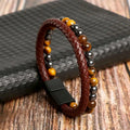 Pulseira Masculina de Couro Trançado com Pedras Olho de Tigre