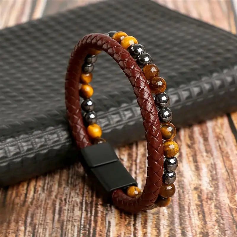 Pulseira Masculina de Couro Trançado com Pedras Olho de Tigre