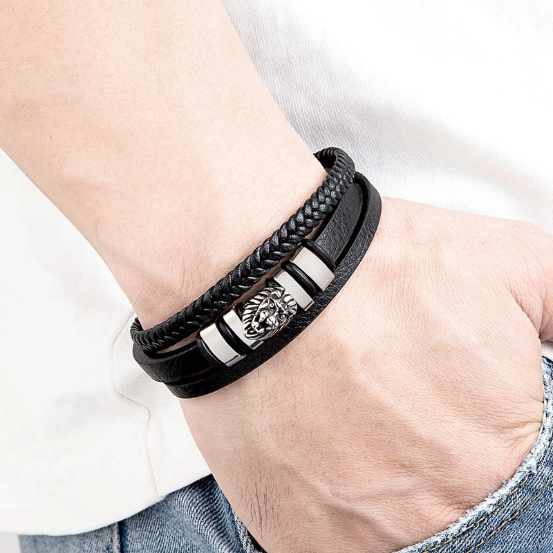 Pulseira Masculina XQNI Couro com Pingente Leão