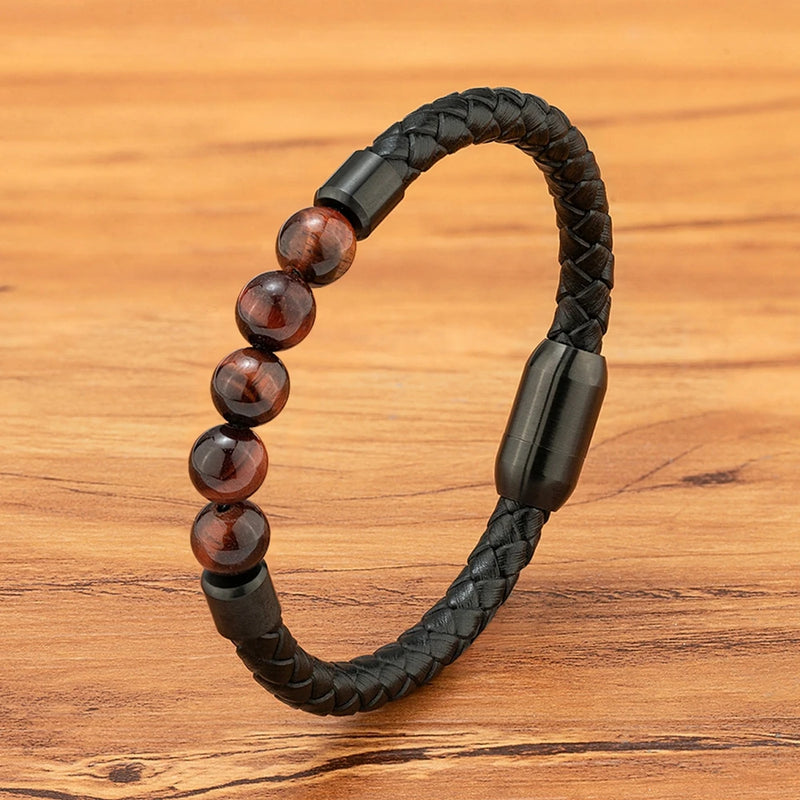 Pulseira Masculina XQNI Couro e Contas – Design Vintage