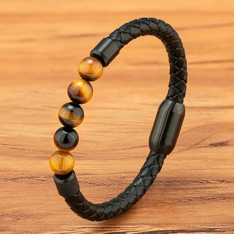 Pulseira Masculina XQNI Couro e Contas – Design Vintage