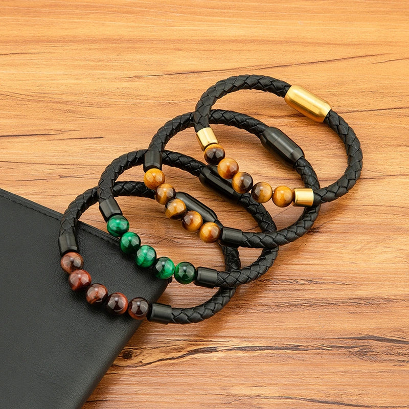 Pulseira Masculina XQNI Couro e Contas – Design Vintage