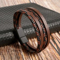 Pulseira Masculina de Couro Trançado com Pedras Olho de Tigre