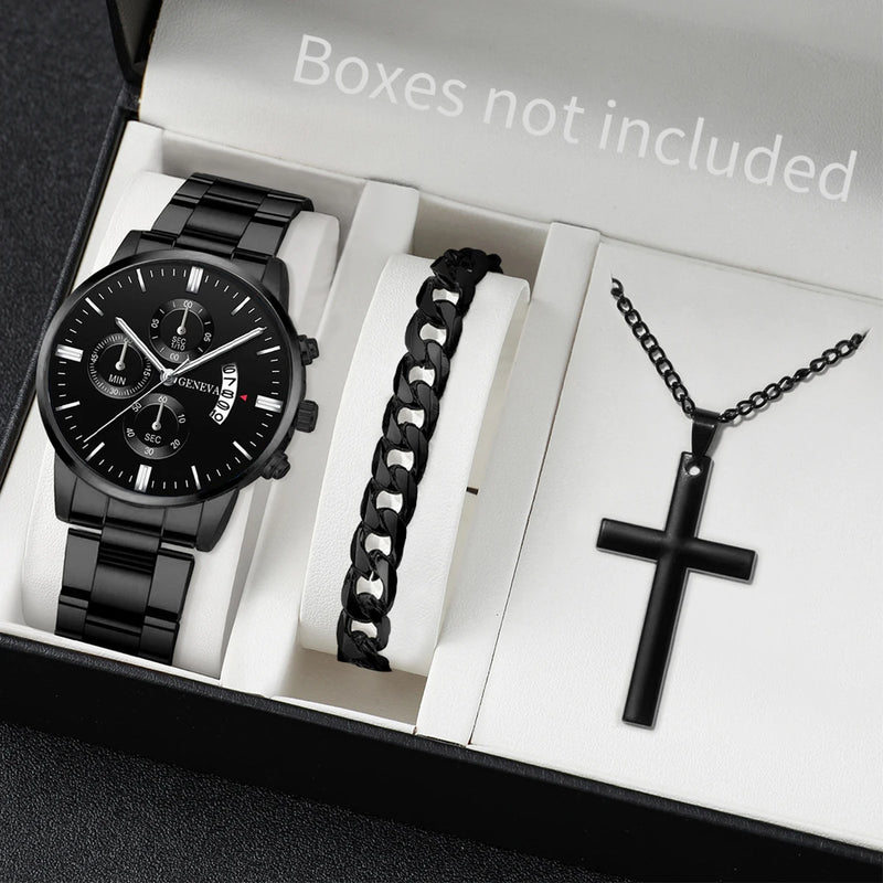 Kit Masculino Quartz – Relógio + Colar + Pulseira Estilo Casual