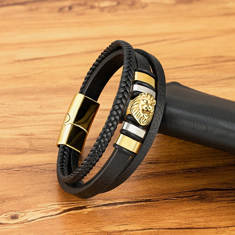 Pulseira Masculina XQNI Couro com Pingente Leão
