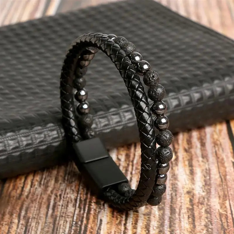 Pulseira Masculina de Couro Trançado com Pedras Olho de Tigre