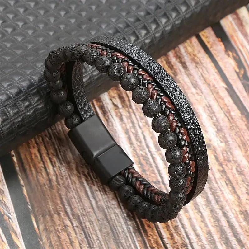 Pulseira Masculina de Couro Trançado com Pedras Olho de Tigre