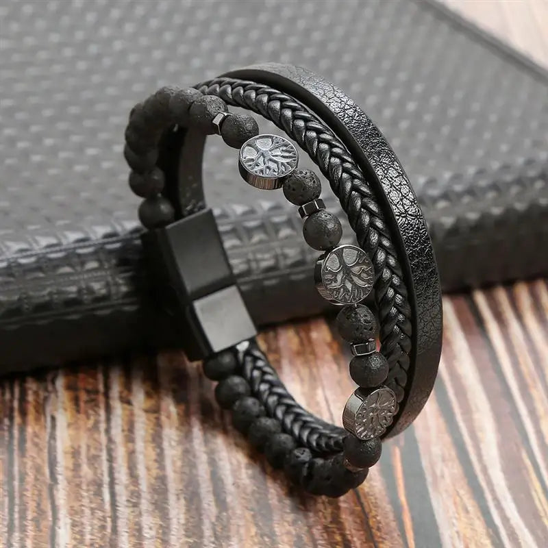 Pulseira Masculina de Couro Trançado com Pedras Olho de Tigre