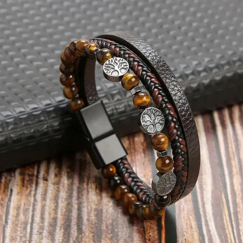 Pulseira Masculina de Couro Trançado com Pedras Olho de Tigre