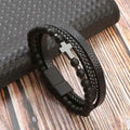 Pulseira Masculina de Couro Trançado com Pedras Olho de Tigre