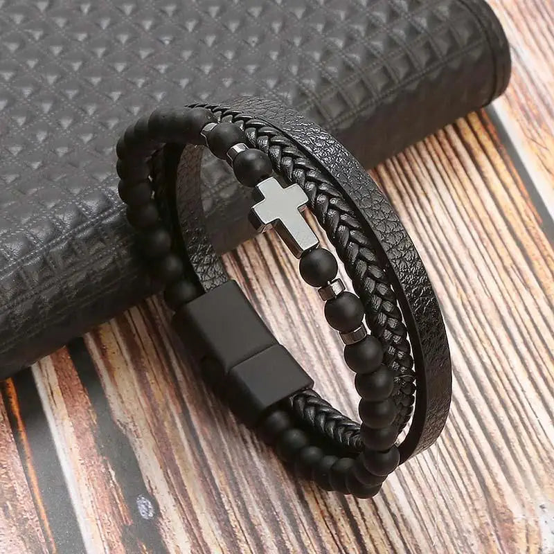 Pulseira Masculina de Couro Trançado com Pedras Olho de Tigre