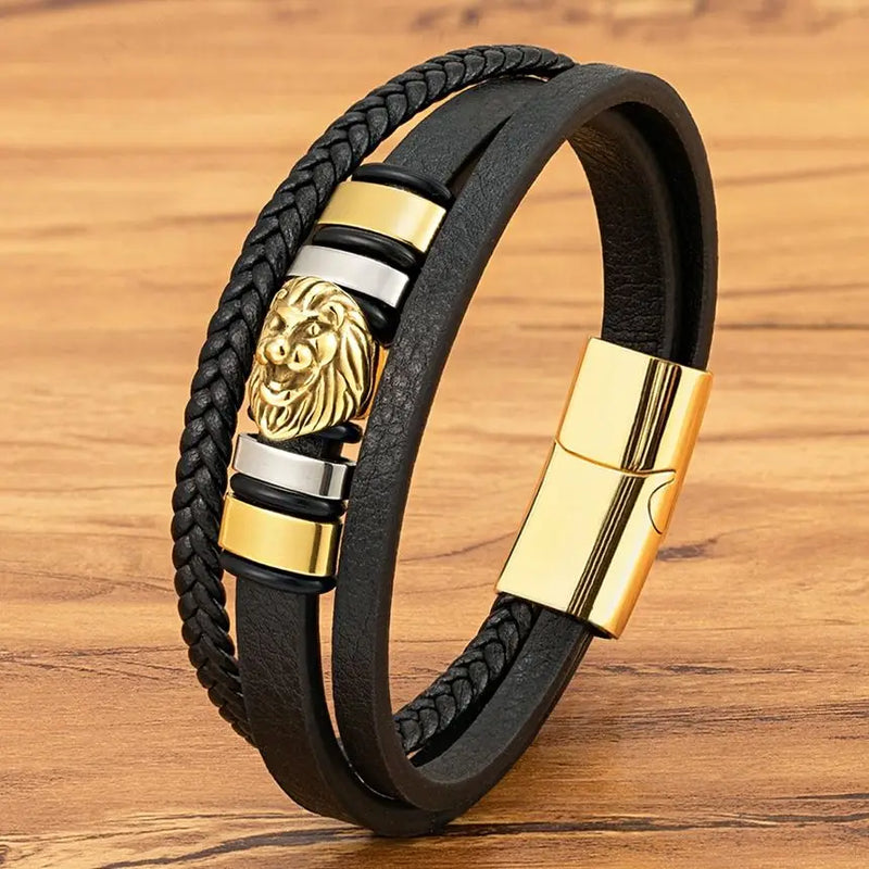 Pulseira Masculina XQNI Couro com Pingente Leão