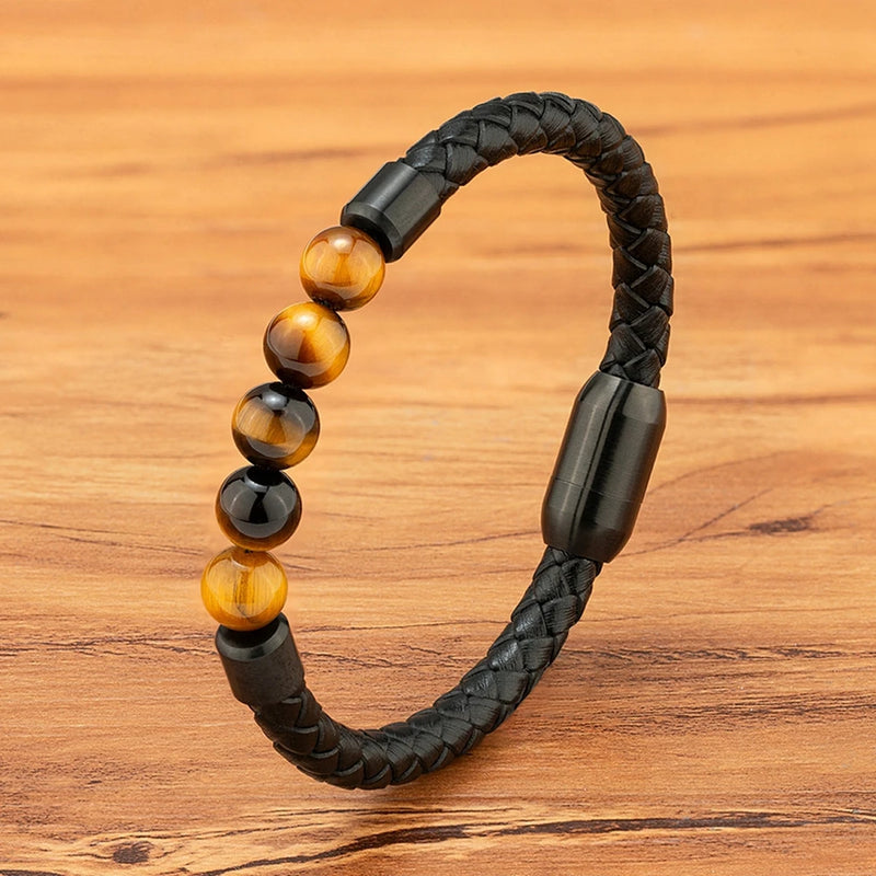 Pulseira Masculina XQNI Couro e Contas – Design Vintage