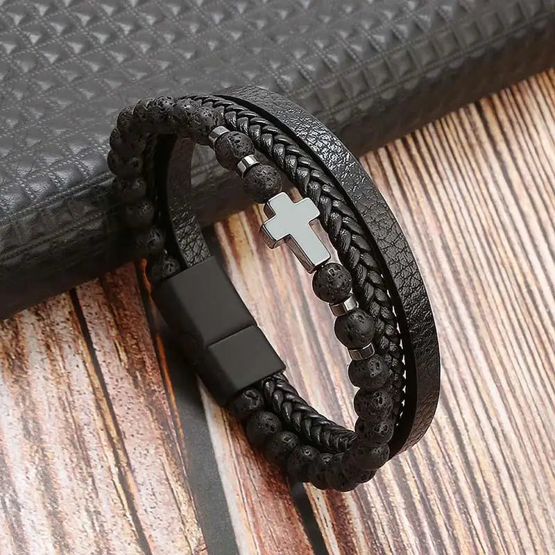 Pulseira Masculina de Couro Trançado com Pedras Olho de Tigre