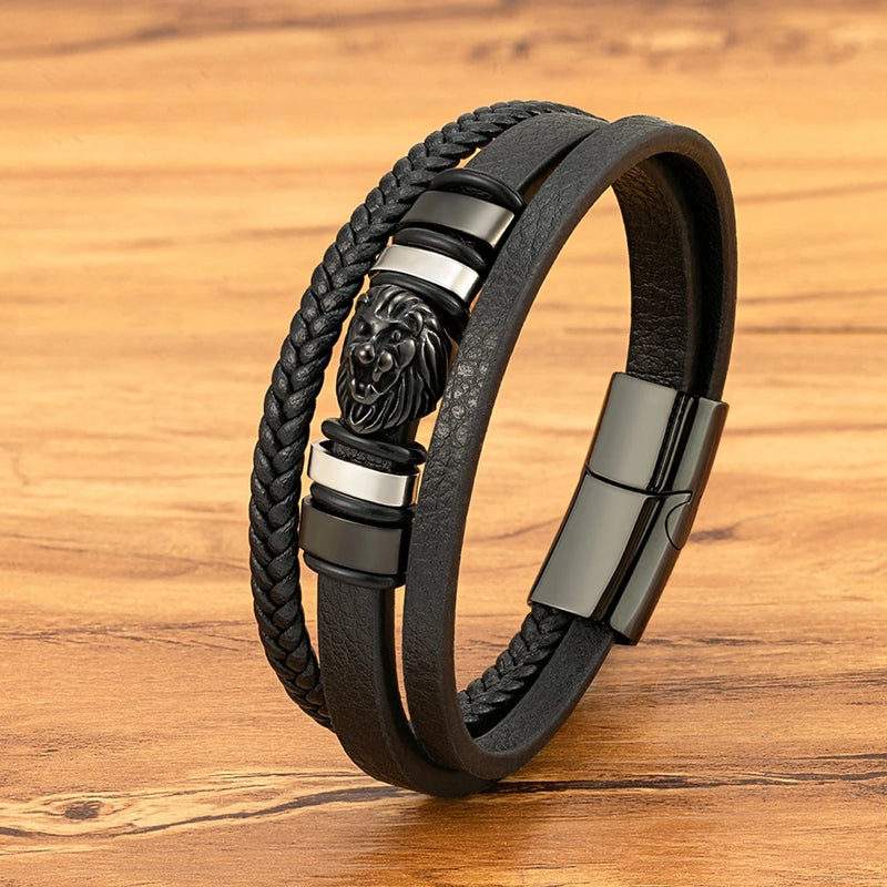 Pulseira Masculina XQNI Couro com Pingente Leão