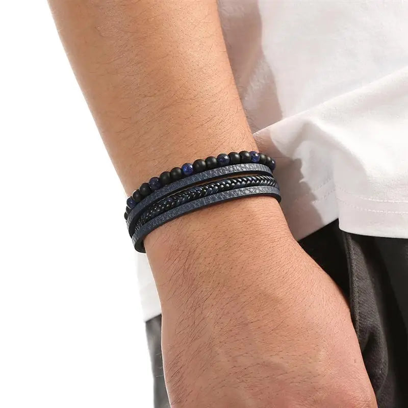 Pulseira Masculina de Couro Trançado com Pedras Olho de Tigre