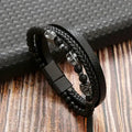 Pulseira Masculina de Couro Trançado com Pedras Olho de Tigre