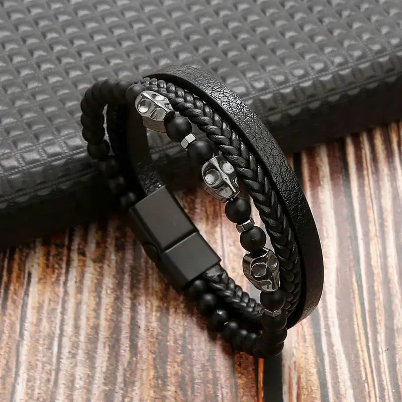 Pulseira Masculina de Couro Trançado com Pedras Olho de Tigre