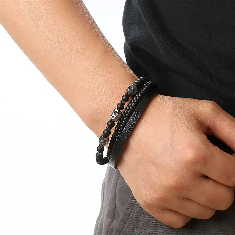 Pulseira Masculina de Couro Trançado com Pedras Olho de Tigre
