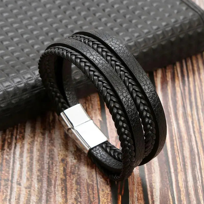 Pulseira Masculina de Couro Trançado com Pedras Olho de Tigre