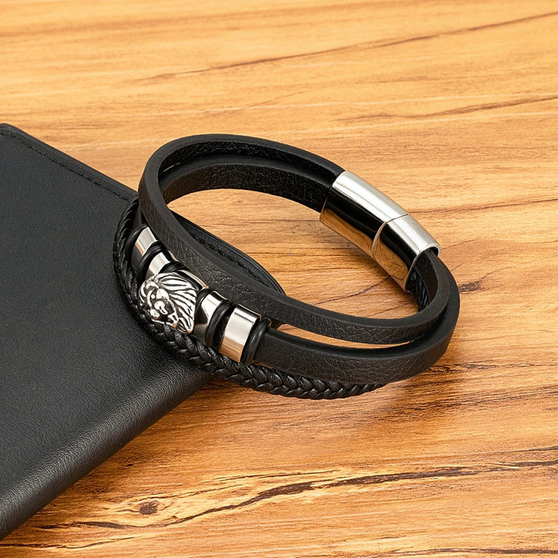 Pulseira Masculina XQNI Couro com Pingente Leão