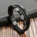Pulseira Masculina de Couro Trançado com Pedras Olho de Tigre