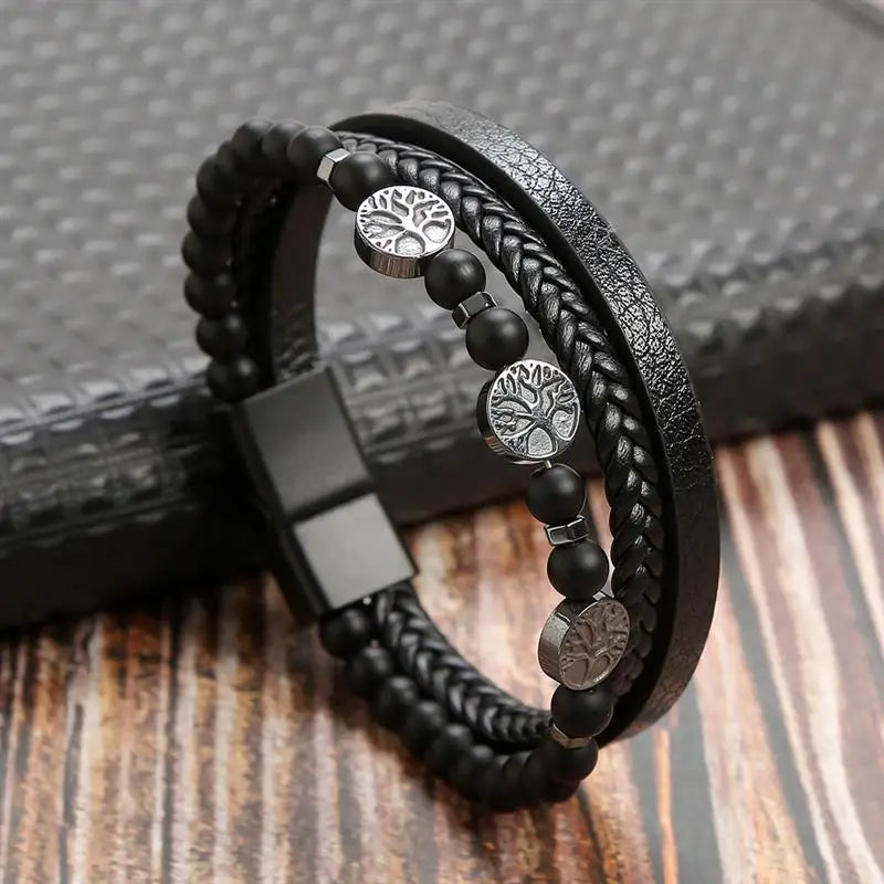 Pulseira Masculina de Couro Trançado com Pedras Olho de Tigre